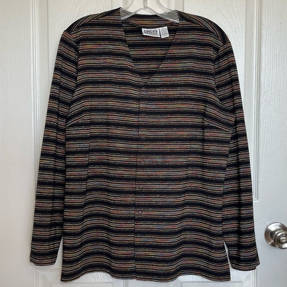 CHICOS DESIGN Striped Long Sleeve Button down Y2K Black Button Down Top | size 2 - Picture 1 of 10